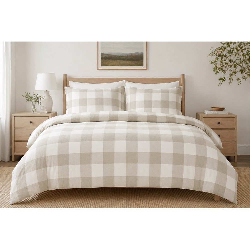 Boll & Branch Flannel Buffalo Check Plaid Duvet Set F/Q Dune/Pewter Organic NIB